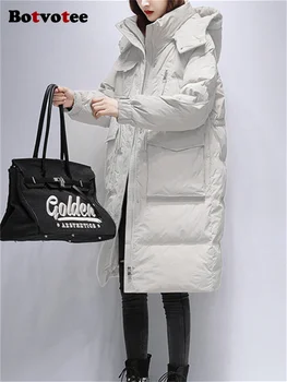 Женская куртка на белом утином пуху 2023, модные осенне-зимние повседневные пальто с капюшоном, шикарные свободные однотонные пальто на молнии с длинными рукавами