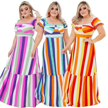 Новая мода 2023, Весна/лето, женское платье в цветную полоску с крупным принтом, свободное платье с коротким рукавом, длинное платье-качели большого размера