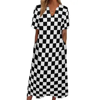 Двухцветное платье, летние черные, белые, в шахматном порядке, эстетичные длинные платья в богемном стиле, женское модное платье макси, подарок на день рождения