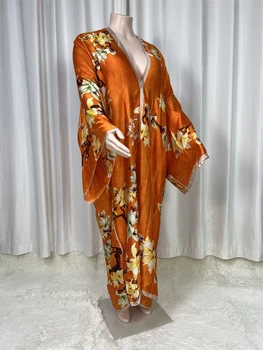 2024Saudi Arabia's Свободное Шелковое Платье Макси С Принтом, Летний Пляжный Богемный Халат, Африканский Кафтан, Купальник С Рукавом 