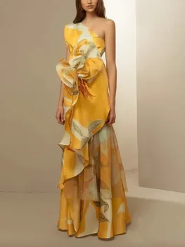 Богемное элегантное шикарное сексуальное диагональное платье с воротником на одно плечо, без рукавов, с цветочными аппликациями, с оборками по низу, асимметричное летнее платье макси