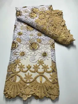 Африканская Кружевная ткань 2023 Высококачественная модная золотисто-Белая Вышивка блестками Французский тюль кружевная ткань Нигерийское свадебное платье
