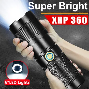 XHP360 Светодиодный фонарик с зумом для рыбалки на открытом воздухе, кемпинга, пешего туризма, мощный водонепроницаемый фонарь дальнего действия 18650, тактический ручной фонарь