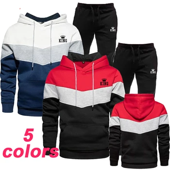 Новый комплект мужской спортивной одежды с принтом King Модный комплект Трехцветный пуловер, свитер, повседневные брюки, Спортивная мужская толстовка с капюшоном, спортивные брюки