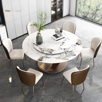 Круглые обеденные столы с вращающимся поворотным столом и 6 стульями Роскошный Белый стол для еды из мрамора Современный кухонный гарнитур