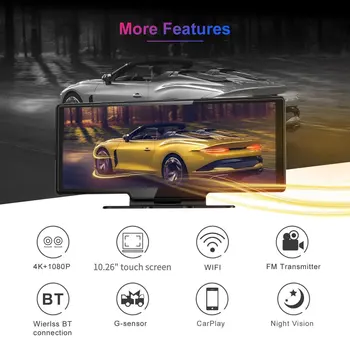 10,26-дюймовая автомобильная камера 4K Dash Cam Carplay Android Автоматическое зеркало заднего вида Запись видео WIFI Петлевая запись Автомобильный видеорегистратор