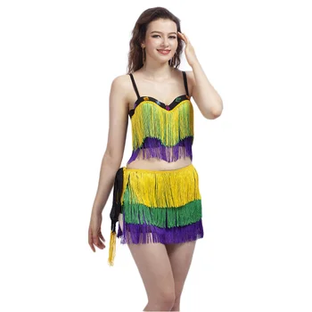 Сексуальный Разноцветный костюм для профессиональной практики танца живота с бахромой и кисточкой