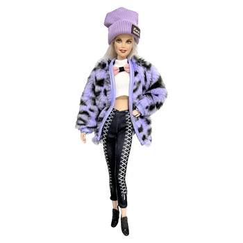 NK 1 комплект фиолетовой одежды, плюшевое пальто, куртка, модный костюм, шляпа, брюки, подходит для 11,8-дюймовой куклы Барби, повседневная одежда