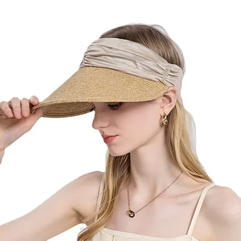 Летняя уличная пляжная шляпа с зонтиком, женская пляжная солнцезащитная шляпа с плетеными широкими полями, соломенная шляпа с пустым верхом, панама с конским хвостом, кепка с козырьком