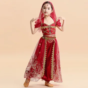 Необычный наряд для девочки на Хэллоуин, костюмы арабской принцессы, Индийский танец, вышивание, Болливудская костюмированная вечеринка живота, косплей Жасмин