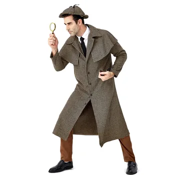 Костюм детектива для косплея на Хэллоуин, персонаж фильма, британское клетчатое пальто с высоким воротом, комплект шляп, пальто для косплея детектива для Рождественской вечеринки