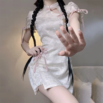 Китайское платье Cheongsam Vintage Sweet Qipao в винтажном стиле, женское милое мини-платье с разрезом и коротким рукавом, сексуальное классическое платье Vestidos