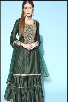 Индийская женская юбка сбоку из 3 частей с шелковой вышивкой средней длины и круглым вырезом, комплект брюк для торта
