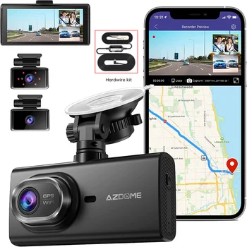 AZDOME M560-3CH Автомобильный Видеорегистратор 3-Канальный Видеорегистратор 4-дюймовый Сенсорный Экран 64 ГБ/128 ГБ Памяти eMMC Встроенный GPS WIFI 1080P Передняя Кабина Задняя