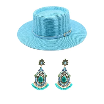 Женская соломенная шляпа, летний цилиндр-бампер, пляжная шляпа для морского курорта, широкополая шляпа, богемные серьги для фото gorras para mujer