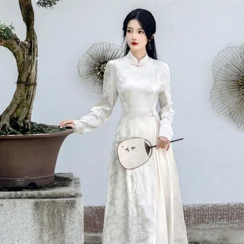 Жаккардовое Женское Вьетнамское платье Ao Dai Improve Традиционный Китайский Вечерний Чонсам Белое Женское Элегантное платье Ципао с длинным рукавом