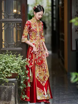 Свадебное платье для тоста невесты Чонсам в китайском стиле, красное платье Xiuhe с вышитым фениксом воротником-стойкой