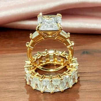 Роскошные модные кольца с квадратным кубическим цирконием Promise для женщин, комплект из 2 предметов, Обручальные кольца серебристого/золотого цвета, горячие украшения