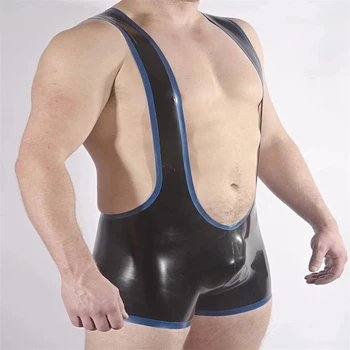 Сексуальные боксерские шорты из латекса синего цвета с черным резиновым нижним бельем, комбинезон для мужчин