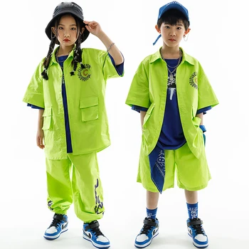 2023 Джазовые танцевальные костюмы для детей, Флуоресцентная Зеленая куртка, Свободные брюки, костюм для мальчиков и девочек, одежда для танцев в стиле хип-хоп, Рейв, DN15224