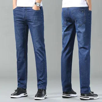 Деловые мужские джинсы, повседневные прямые стрейчевые модные классические синие Черные рабочие джинсовые брюки, мужская брендовая одежда