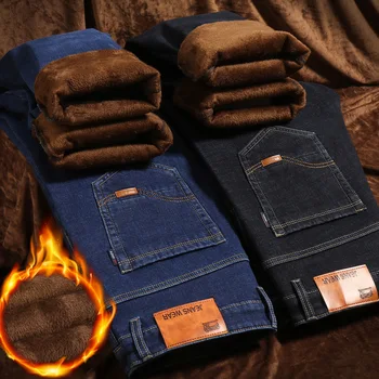 Осень-зима С флисовыми утолщенными джинсами, мужские Высококлассные Теплые повседневные джинсы, Мужские Джинсы люксового бренда, Мужские Джинсы
