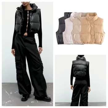 PB & ZA2023 Новые женские черные короткие модные универсальные облегающие и теплые хлопковые пальто из искусственной кожи на бретелях