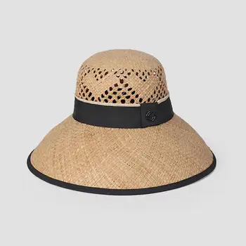 Открытая Дизайнерская соломенная шляпа от солнца из рафии для женщин, панама с черной лентой, солнцезащитная шляпа, Модная пляжная шляпа рыбака